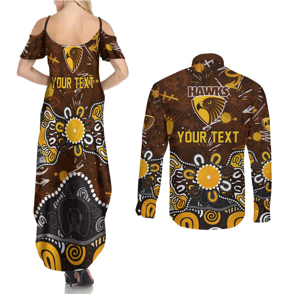Personalized Hawthorn Hawks Couples Matching Summer Maxi Dress and Long Sleeve Button Shirt Aboriginal Dot Painting Graffiti Style