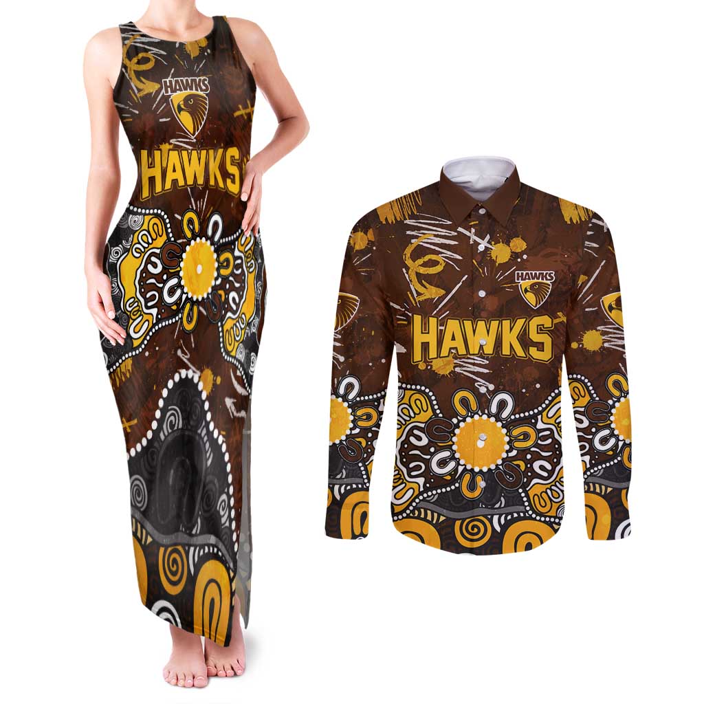 Personalized Hawthorn Hawks Couples Matching Tank Maxi Dress and Long Sleeve Button Shirt Aboriginal Dot Painting Graffiti Style