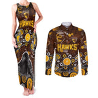 Personalized Hawthorn Hawks Couples Matching Tank Maxi Dress and Long Sleeve Button Shirt Aboriginal Dot Painting Graffiti Style