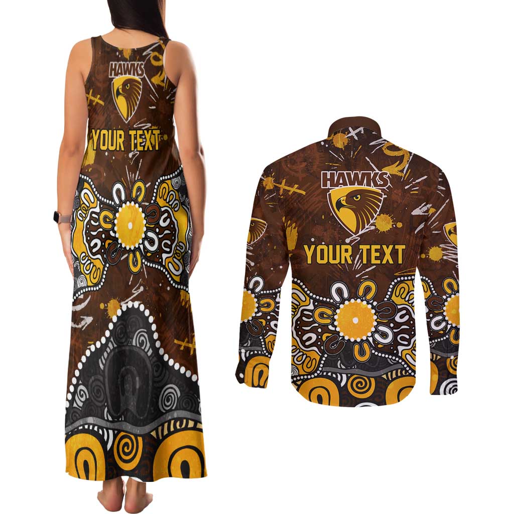 Personalized Hawthorn Hawks Couples Matching Tank Maxi Dress and Long Sleeve Button Shirt Aboriginal Dot Painting Graffiti Style
