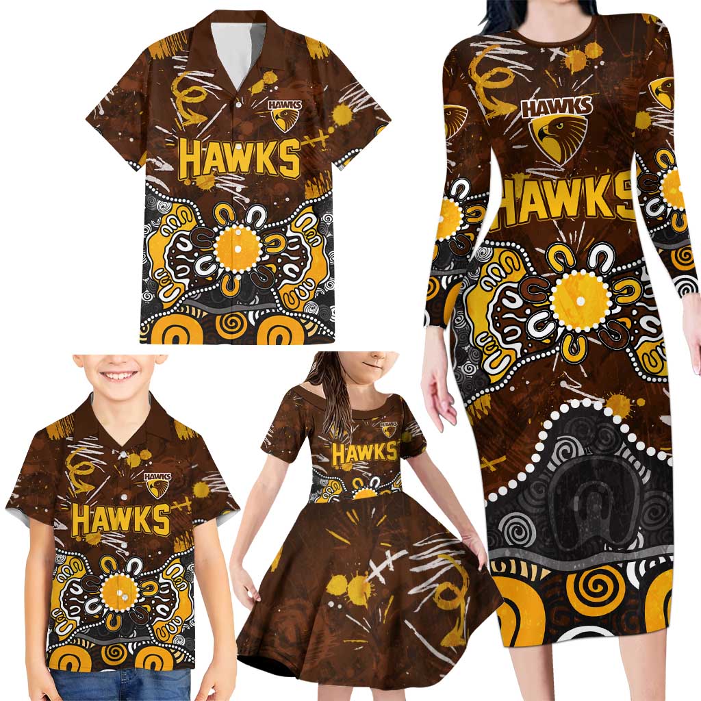 Personalized Hawthorn Hawks Family Matching Long Sleeve Bodycon Dress and Hawaiian Shirt Aboriginal Dot Painting Graffiti Style