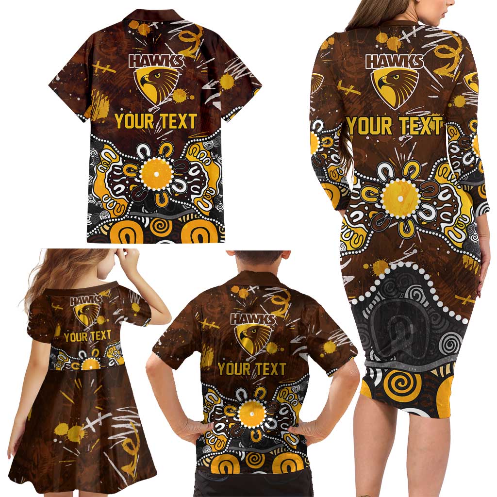 Personalized Hawthorn Hawks Family Matching Long Sleeve Bodycon Dress and Hawaiian Shirt Aboriginal Dot Painting Graffiti Style