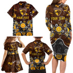 Personalized Hawthorn Hawks Family Matching Long Sleeve Bodycon Dress and Hawaiian Shirt Aboriginal Dot Painting Graffiti Style