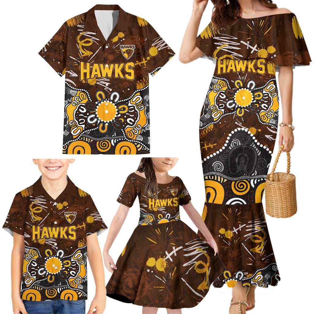 Personalized Hawthorn Hawks Family Matching Mermaid Dress and Hawaiian Shirt Aboriginal Dot Painting Graffiti Style