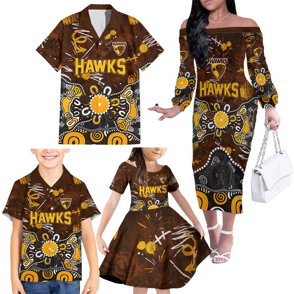 Personalized Hawthorn Hawks Family Matching Off The Shoulder Long Sleeve Dress and Hawaiian Shirt Aboriginal Dot Painting Graffiti Style