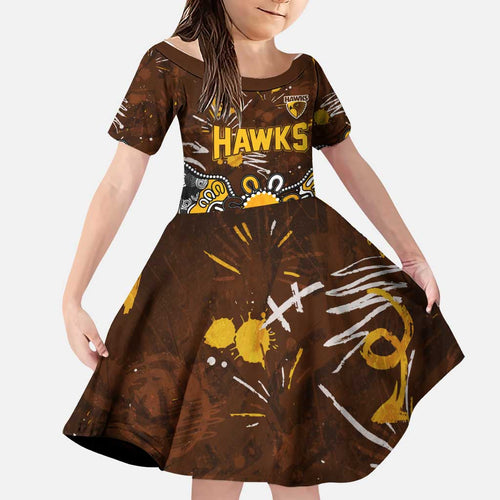 Personalized Hawthorn Hawks Family Matching Off The Shoulder Long Sleeve Dress and Hawaiian Shirt Aboriginal Dot Painting Graffiti Style
