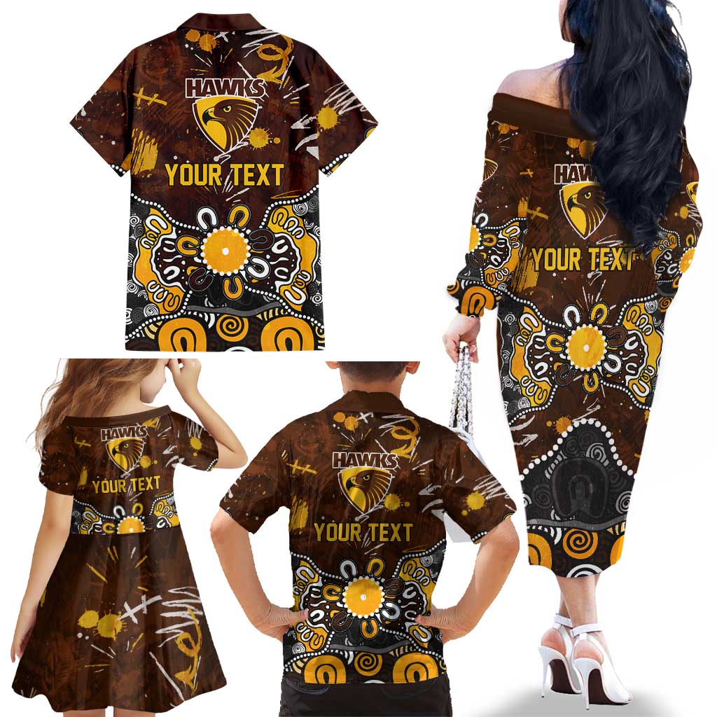 Personalized Hawthorn Hawks Family Matching Off The Shoulder Long Sleeve Dress and Hawaiian Shirt Aboriginal Dot Painting Graffiti Style