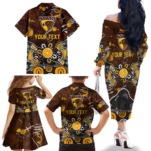 Personalized Hawthorn Hawks Family Matching Off The Shoulder Long Sleeve Dress and Hawaiian Shirt Aboriginal Dot Painting Graffiti Style