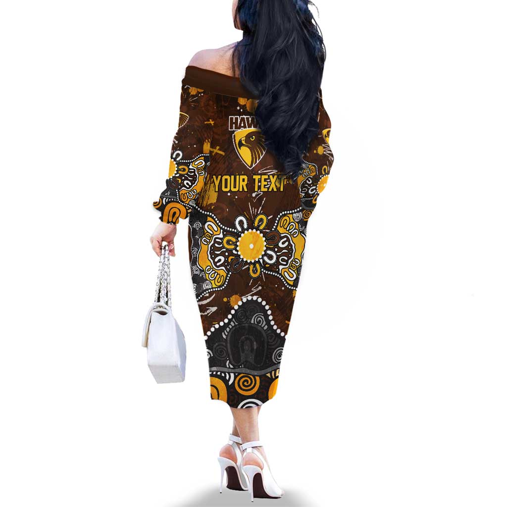 Personalized Hawthorn Hawks Family Matching Off The Shoulder Long Sleeve Dress and Hawaiian Shirt Aboriginal Dot Painting Graffiti Style