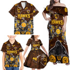 Personalized Hawthorn Hawks Family Matching Off Shoulder Maxi Dress and Hawaiian Shirt Aboriginal Dot Painting Graffiti Style
