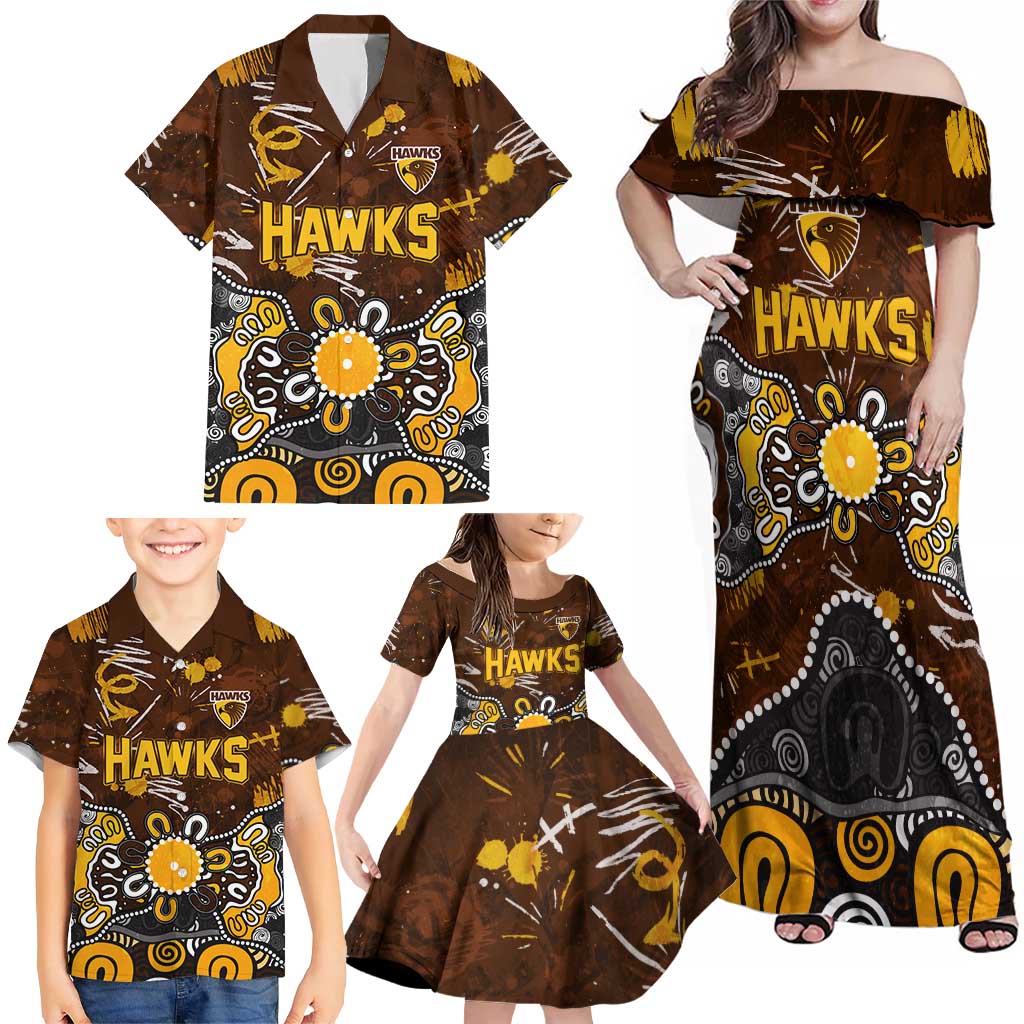 Personalized Hawthorn Hawks Family Matching Off Shoulder Maxi Dress and Hawaiian Shirt Aboriginal Dot Painting Graffiti Style