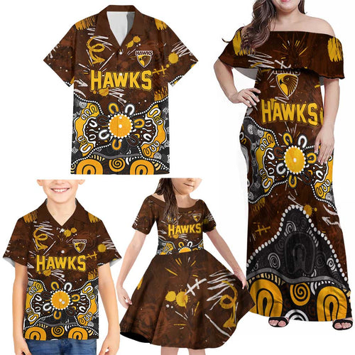 Personalized Hawthorn Hawks Family Matching Off Shoulder Maxi Dress and Hawaiian Shirt Aboriginal Dot Painting Graffiti Style