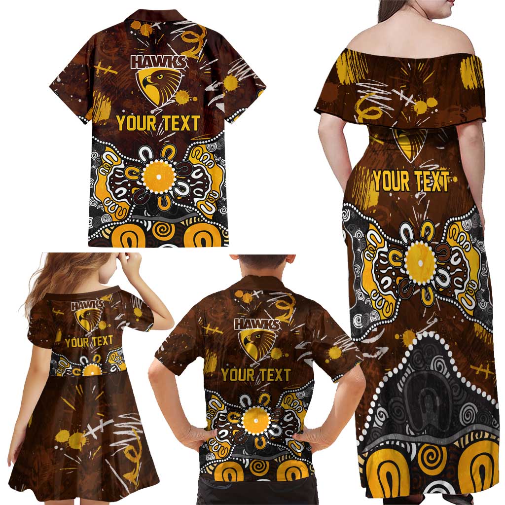 Personalized Hawthorn Hawks Family Matching Off Shoulder Maxi Dress and Hawaiian Shirt Aboriginal Dot Painting Graffiti Style