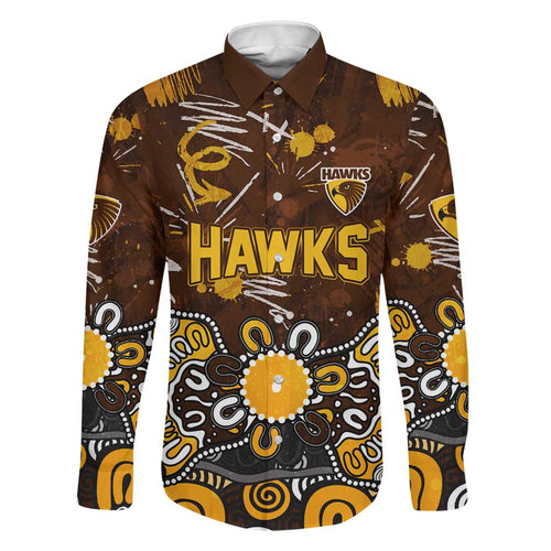 Personalized Hawthorn Hawks Family Matching Off Shoulder Maxi Dress and Hawaiian Shirt Aboriginal Dot Painting Graffiti Style