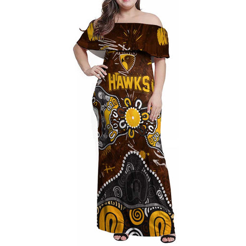 Personalized Hawthorn Hawks Family Matching Off Shoulder Maxi Dress and Hawaiian Shirt Aboriginal Dot Painting Graffiti Style