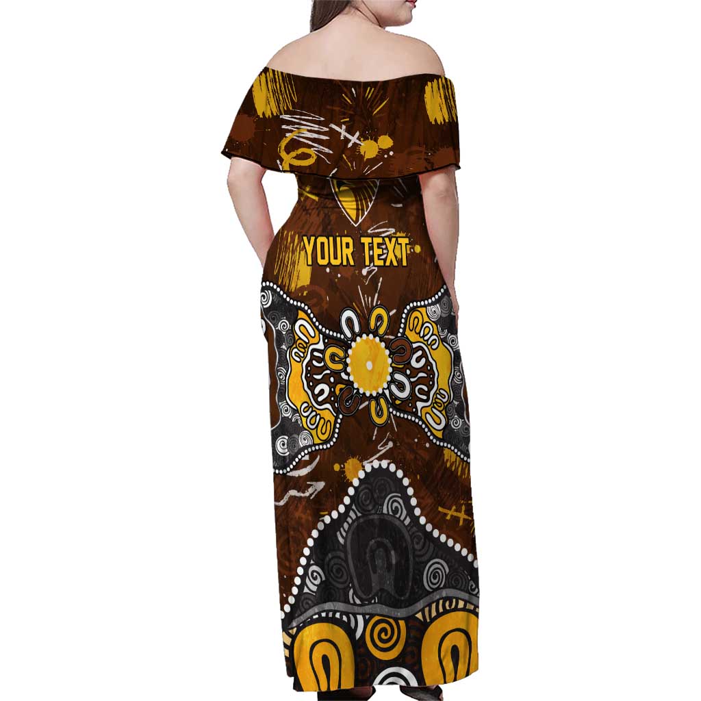 Personalized Hawthorn Hawks Family Matching Off Shoulder Maxi Dress and Hawaiian Shirt Aboriginal Dot Painting Graffiti Style