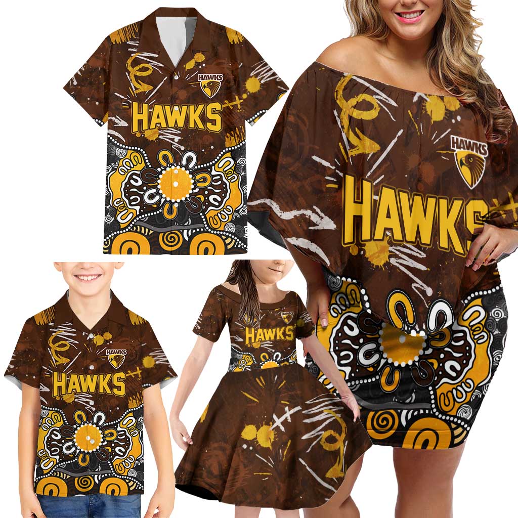 Personalized Hawthorn Hawks Family Matching Off Shoulder Short Dress and Hawaiian Shirt Aboriginal Dot Painting Graffiti Style