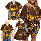 Personalized Hawthorn Hawks Family Matching Off Shoulder Short Dress and Hawaiian Shirt Aboriginal Dot Painting Graffiti Style