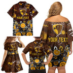 Personalized Hawthorn Hawks Family Matching Off Shoulder Short Dress and Hawaiian Shirt Aboriginal Dot Painting Graffiti Style