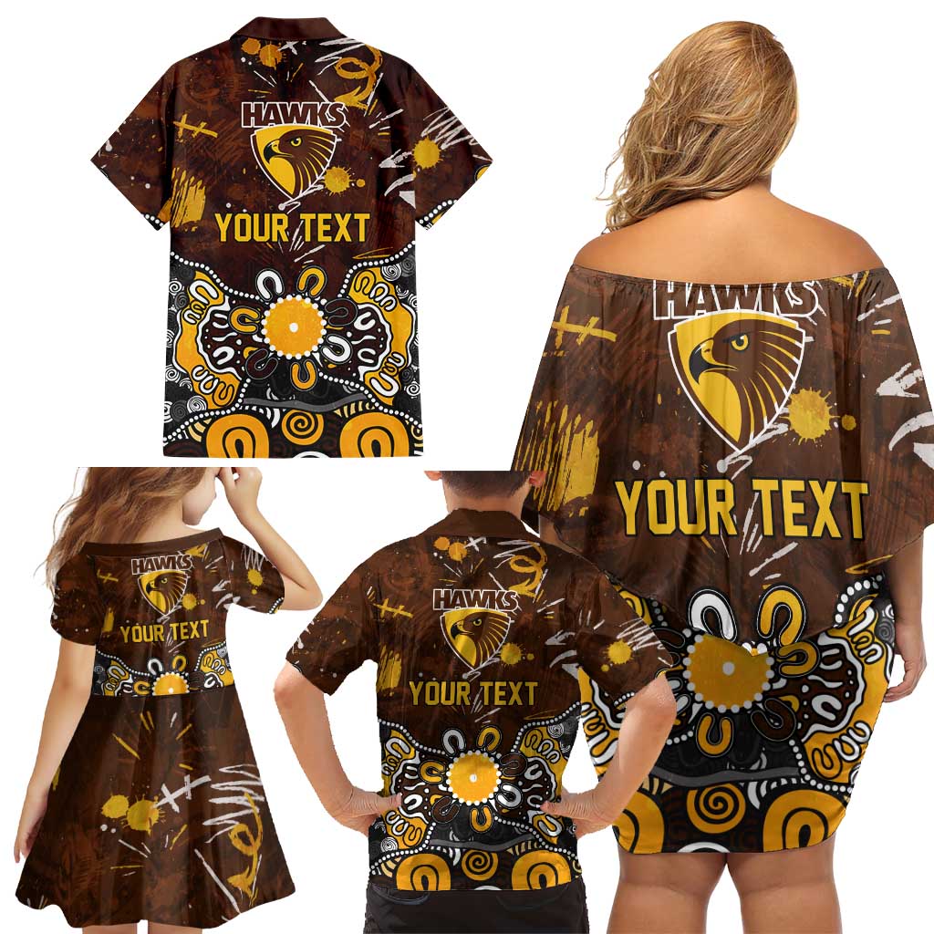 Personalized Hawthorn Hawks Family Matching Off Shoulder Short Dress and Hawaiian Shirt Aboriginal Dot Painting Graffiti Style