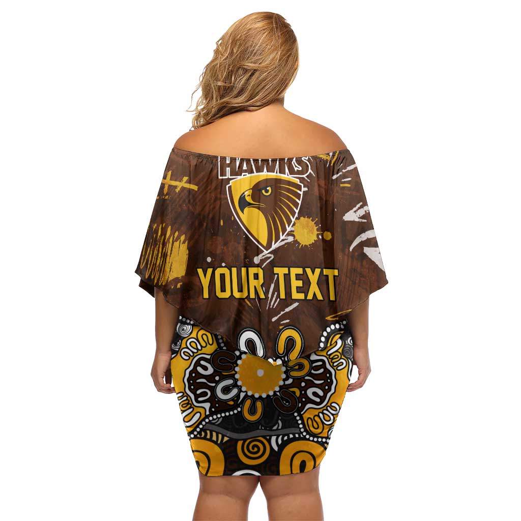 Personalized Hawthorn Hawks Family Matching Off Shoulder Short Dress and Hawaiian Shirt Aboriginal Dot Painting Graffiti Style