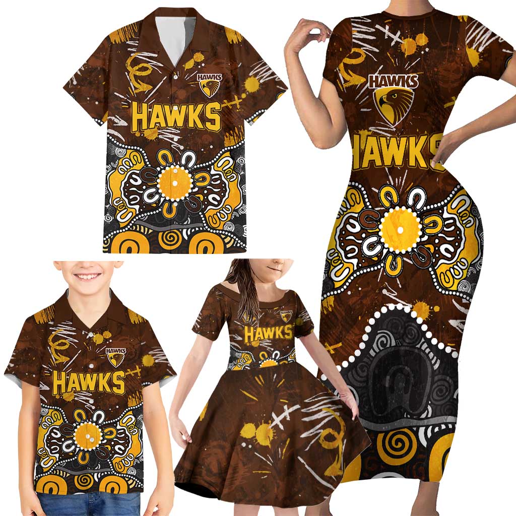 Personalized Hawthorn Hawks Family Matching Short Sleeve Bodycon Dress and Hawaiian Shirt Aboriginal Dot Painting Graffiti Style