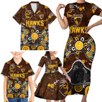 Personalized Hawthorn Hawks Family Matching Short Sleeve Bodycon Dress and Hawaiian Shirt Aboriginal Dot Painting Graffiti Style