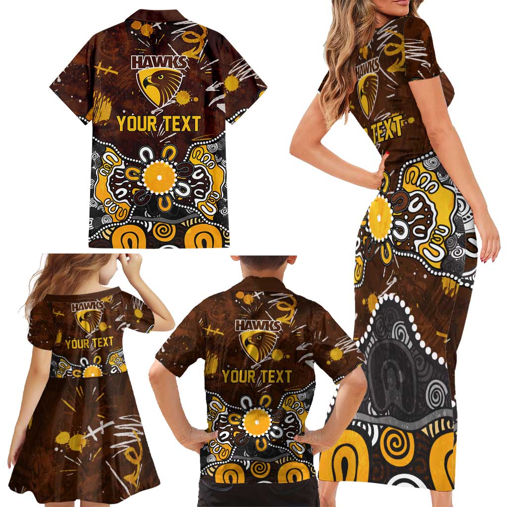 Personalized Hawthorn Hawks Family Matching Short Sleeve Bodycon Dress and Hawaiian Shirt Aboriginal Dot Painting Graffiti Style