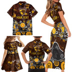 Personalized Hawthorn Hawks Family Matching Short Sleeve Bodycon Dress and Hawaiian Shirt Aboriginal Dot Painting Graffiti Style