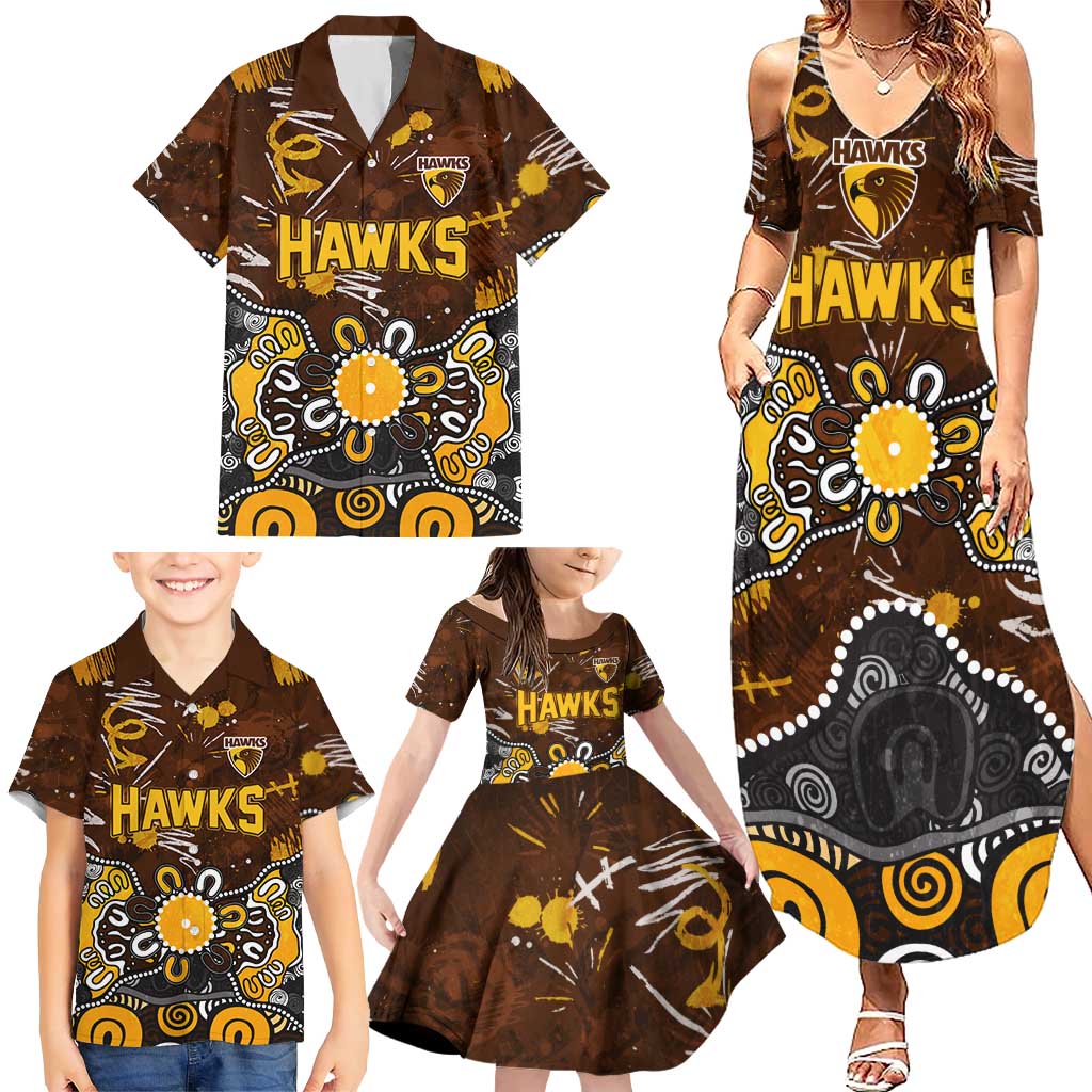 Personalized Hawthorn Hawks Family Matching Summer Maxi Dress and Hawaiian Shirt Aboriginal Dot Painting Graffiti Style