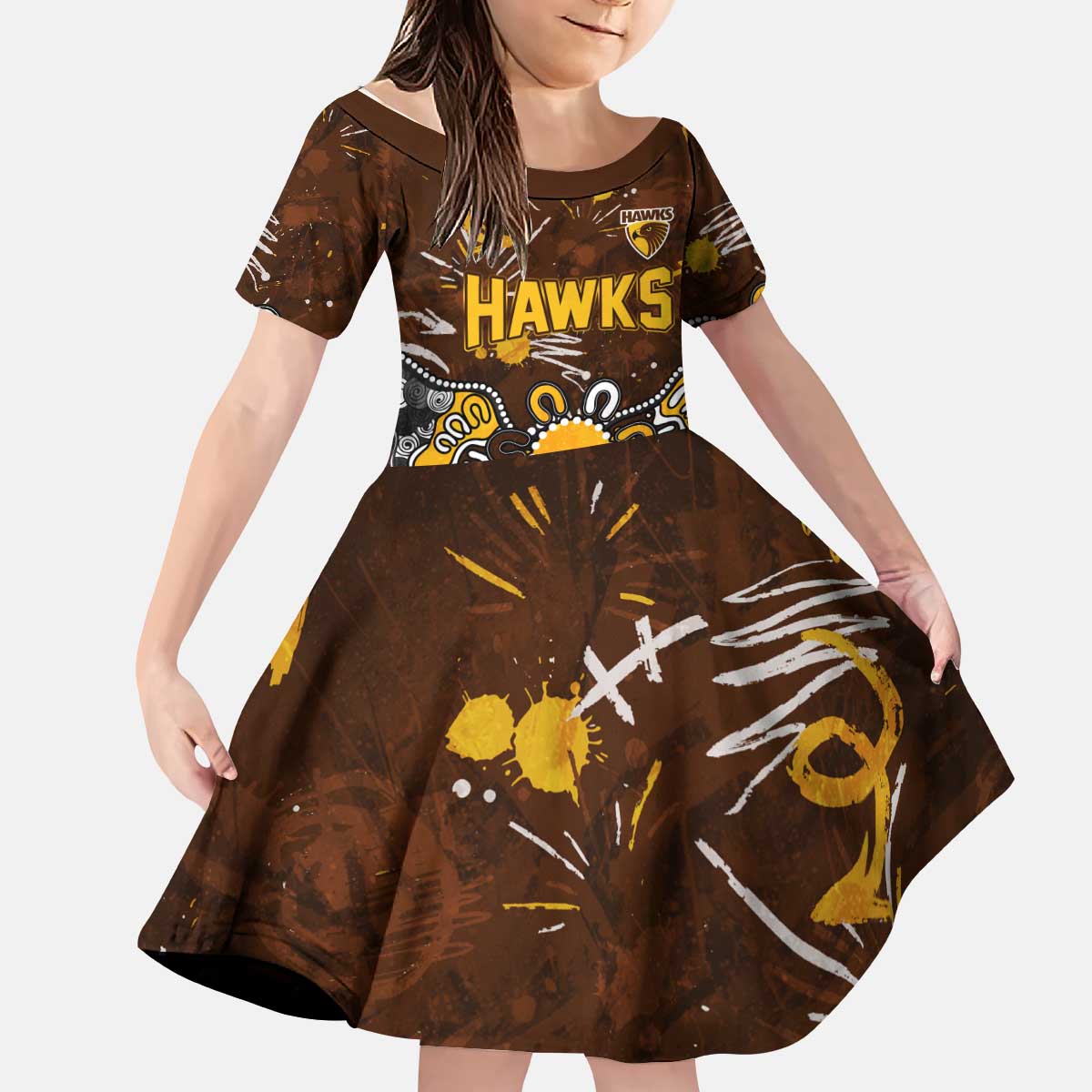 Personalized Hawthorn Hawks Kid Short Sleeve Dress Aboriginal Dot Painting Graffiti Style