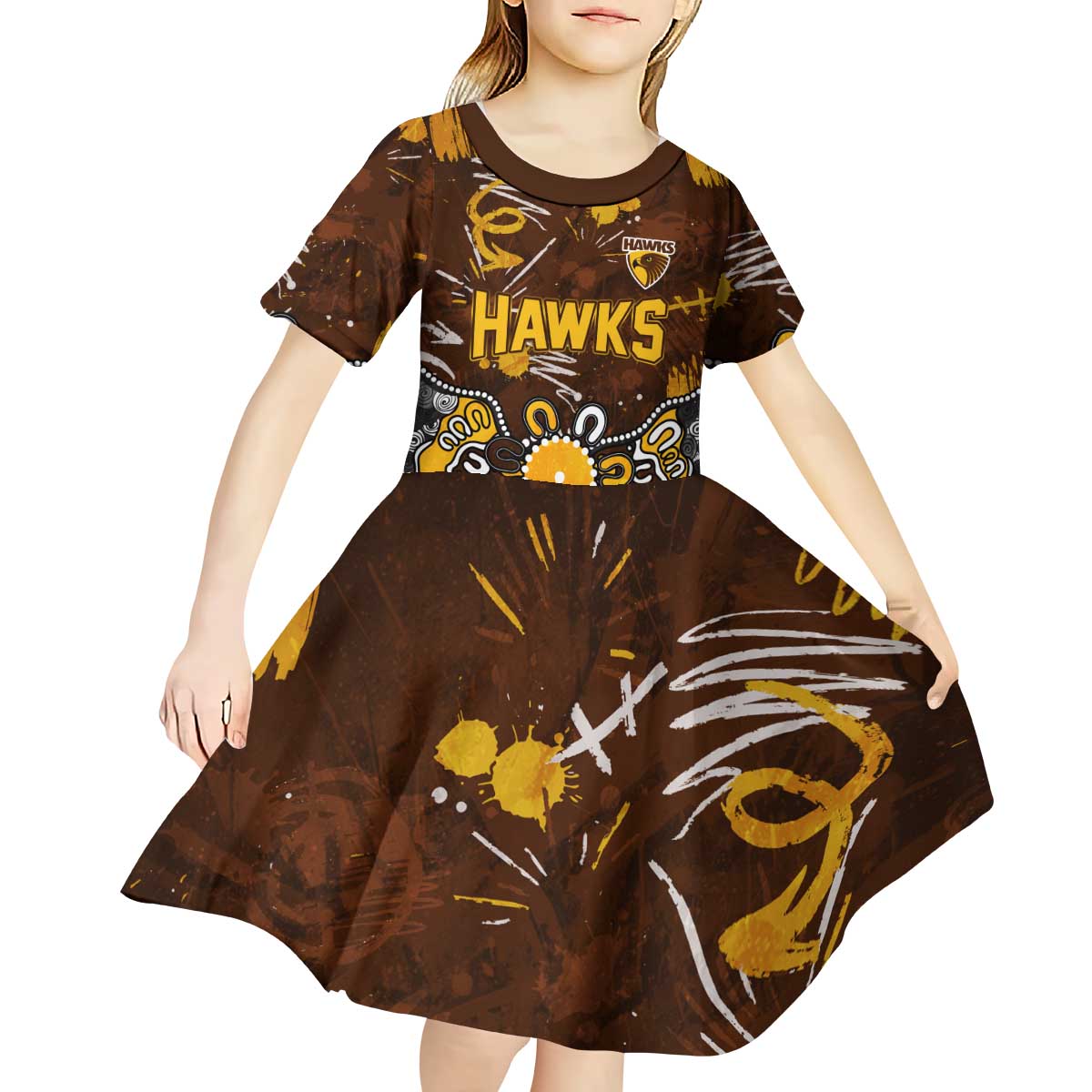 Personalized Hawthorn Hawks Kid Short Sleeve Dress Aboriginal Dot Painting Graffiti Style