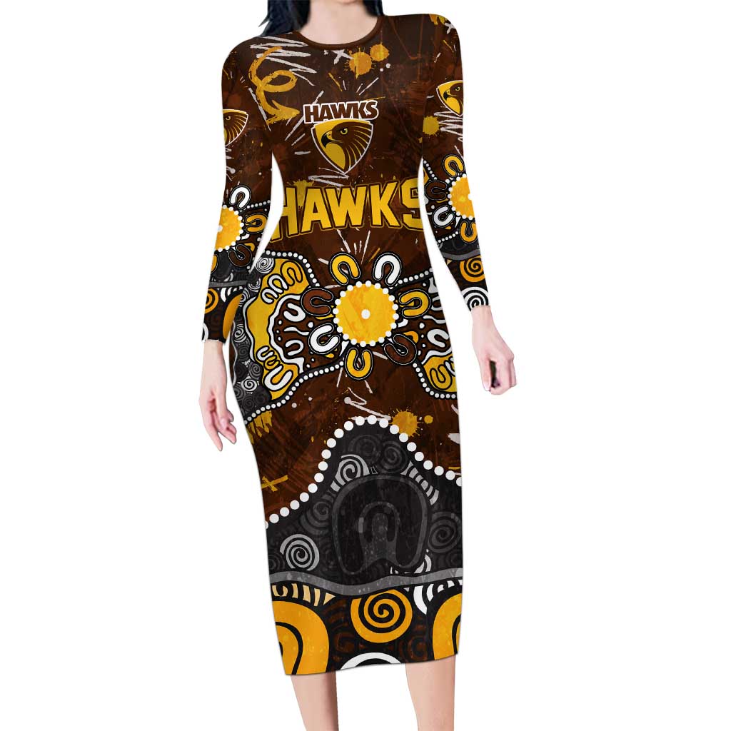 Personalized Hawthorn Hawks Long Sleeve Bodycon Dress Aboriginal Dot Painting Graffiti Style