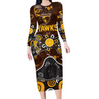 Personalized Hawthorn Hawks Long Sleeve Bodycon Dress Aboriginal Dot Painting Graffiti Style