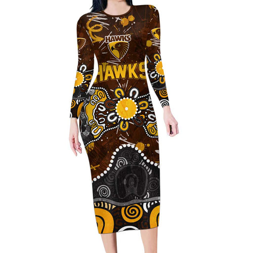 Personalized Hawthorn Hawks Long Sleeve Bodycon Dress Aboriginal Dot Painting Graffiti Style