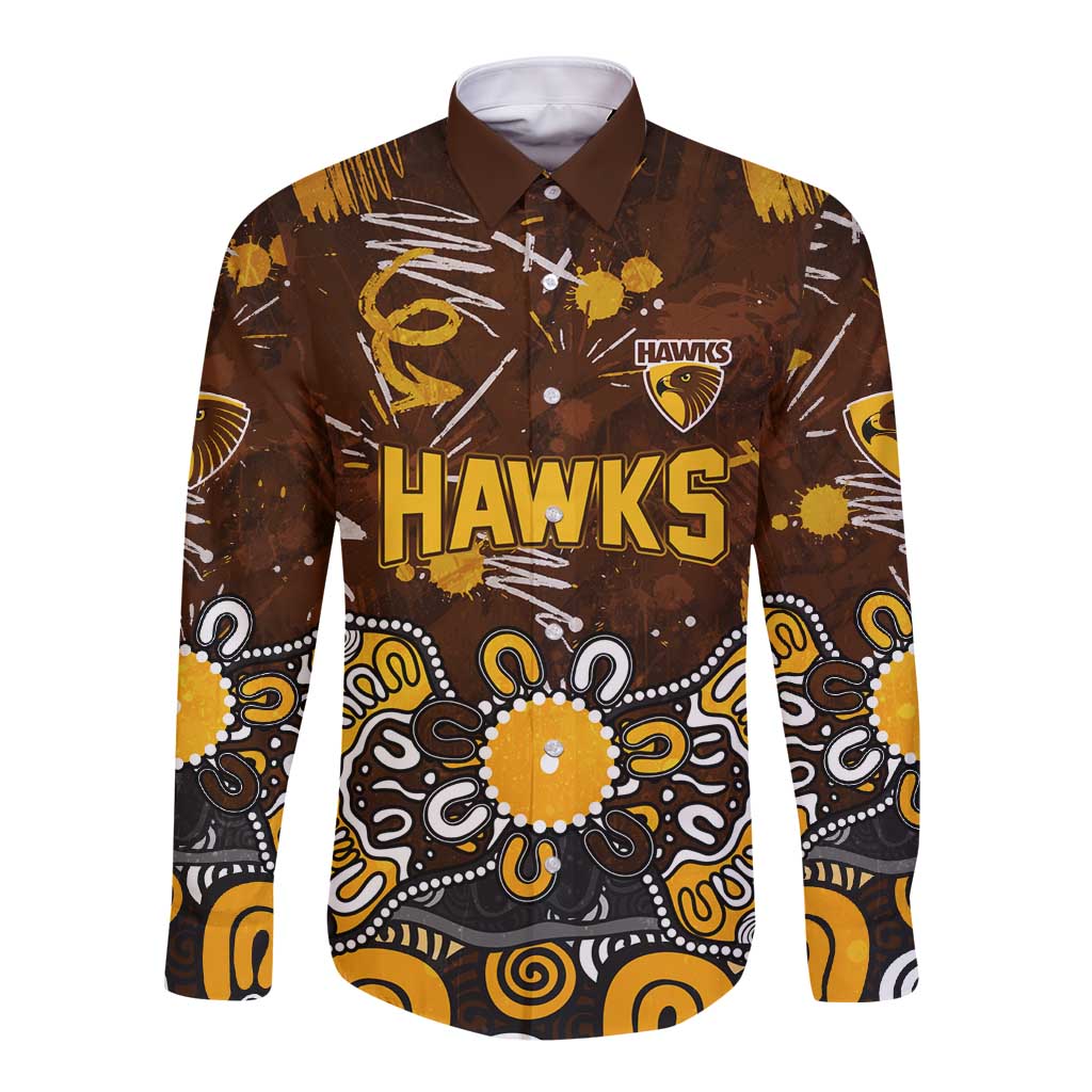 Personalized Hawthorn Hawks Long Sleeve Button Shirt Aboriginal Dot Painting Graffiti Style