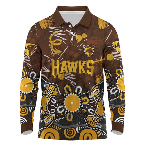 Personalized Hawthorn Hawks Long Sleeve Polo Shirt Aboriginal Dot Painting Graffiti Style