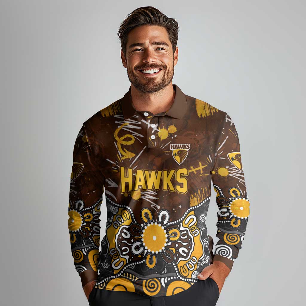Personalized Hawthorn Hawks Long Sleeve Polo Shirt Aboriginal Dot Painting Graffiti Style