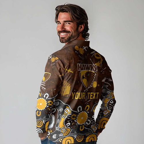 Personalized Hawthorn Hawks Long Sleeve Polo Shirt Aboriginal Dot Painting Graffiti Style