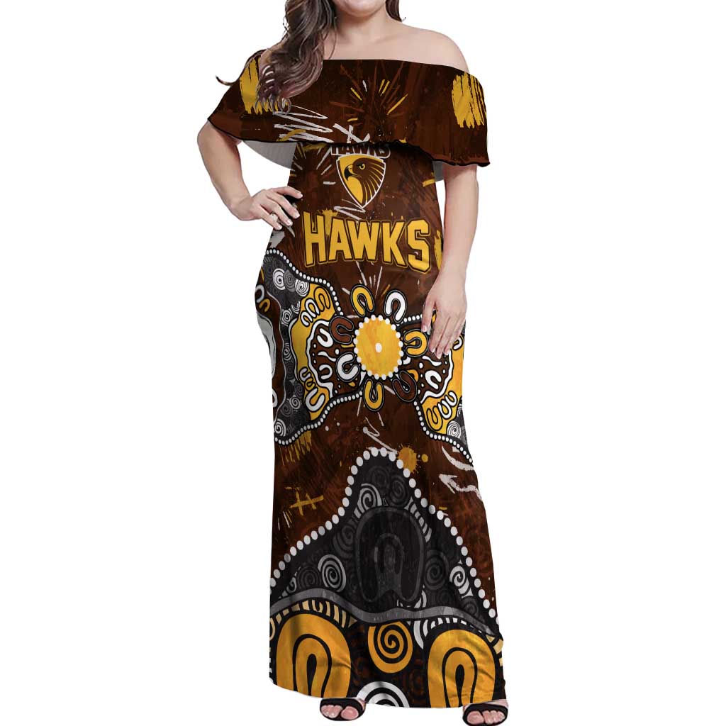 Personalized Hawthorn Hawks Off Shoulder Maxi Dress Aboriginal Dot Painting Graffiti Style