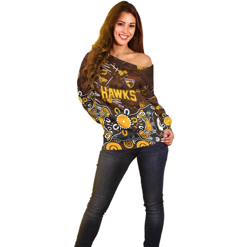 Personalized Hawthorn Hawks Off Shoulder Sweater Aboriginal Dot Painting Graffiti Style