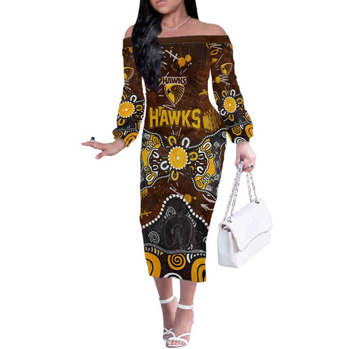 Personalized Hawthorn Hawks Off The Shoulder Long Sleeve Dress Aboriginal Dot Painting Graffiti Style