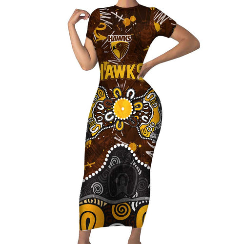 Personalized Hawthorn Hawks Short Sleeve Bodycon Dress Aboriginal Dot Painting Graffiti Style