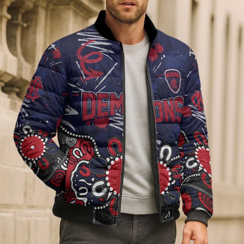 Personalized Melbourne Demons Bomber Puffer Jacket Aboriginal Dot Painting Graffiti Style