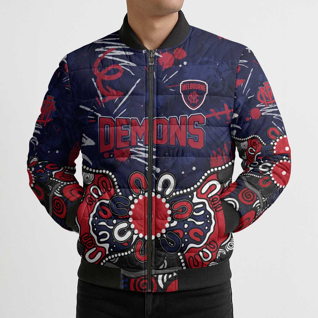 Personalized Melbourne Demons Bomber Puffer Jacket Aboriginal Dot Painting Graffiti Style