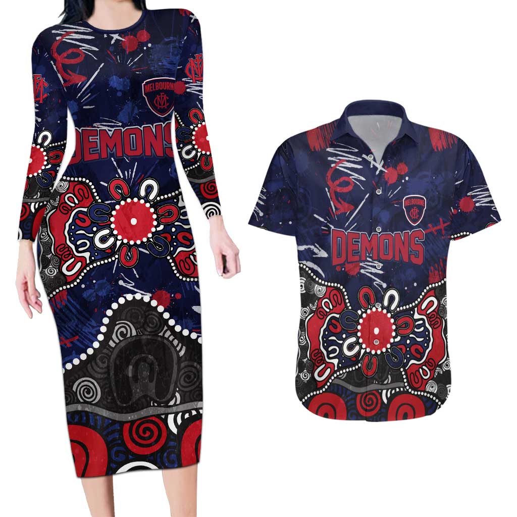 Personalized Melbourne Demons Couples Matching Long Sleeve Bodycon Dress and Hawaiian Shirt Aboriginal Dot Painting Graffiti Style
