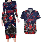 Personalized Melbourne Demons Couples Matching Long Sleeve Bodycon Dress and Hawaiian Shirt Aboriginal Dot Painting Graffiti Style