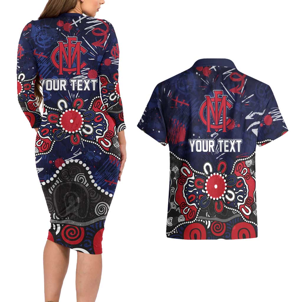 Personalized Melbourne Demons Couples Matching Long Sleeve Bodycon Dress and Hawaiian Shirt Aboriginal Dot Painting Graffiti Style