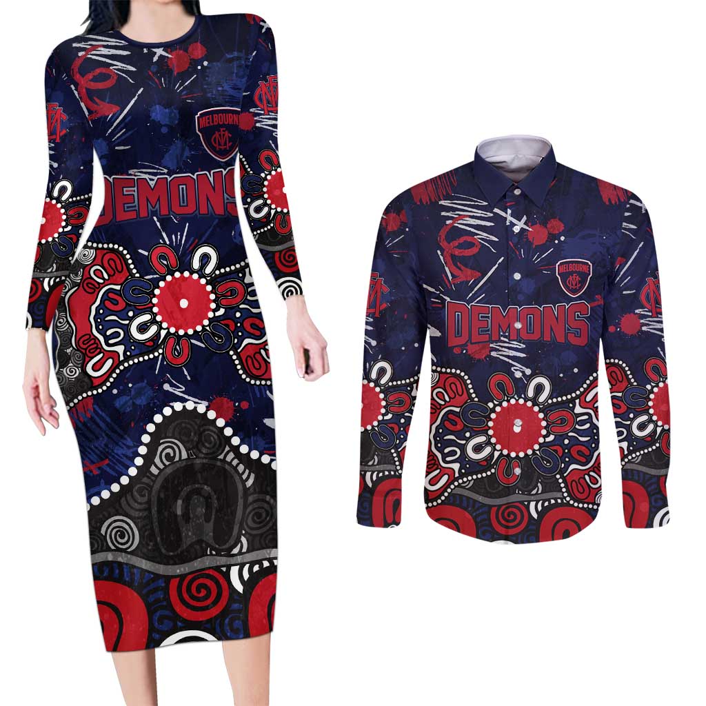 Personalized Melbourne Demons Couples Matching Long Sleeve Bodycon Dress and Long Sleeve Button Shirt Aboriginal Dot Painting Graffiti Style