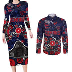 Personalized Melbourne Demons Couples Matching Long Sleeve Bodycon Dress and Long Sleeve Button Shirt Aboriginal Dot Painting Graffiti Style